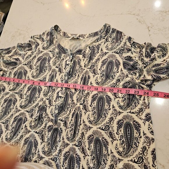 Rose + Olive Womens 1X Paisley Border Boho Print Tunic Top Blue & White - Picture 8 of 9